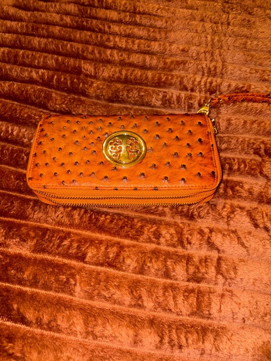 Handbags - Orange Zip Wallet with Gold Emblem
